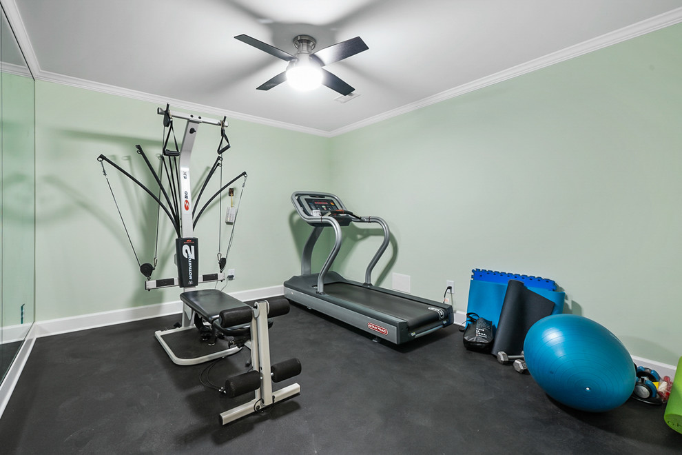 Multiuse home gym - mid-sized transitional gray floor multiuse home gym idea in Atlanta with green walls