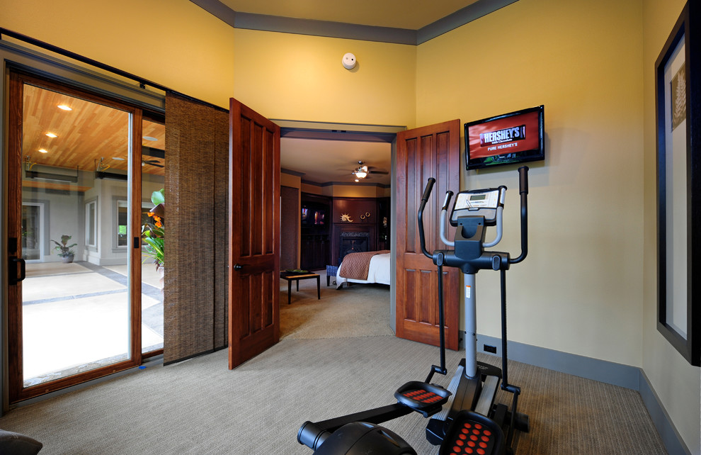 Example of a small classic carpeted and beige floor home yoga studio design in Seattle with beige walls