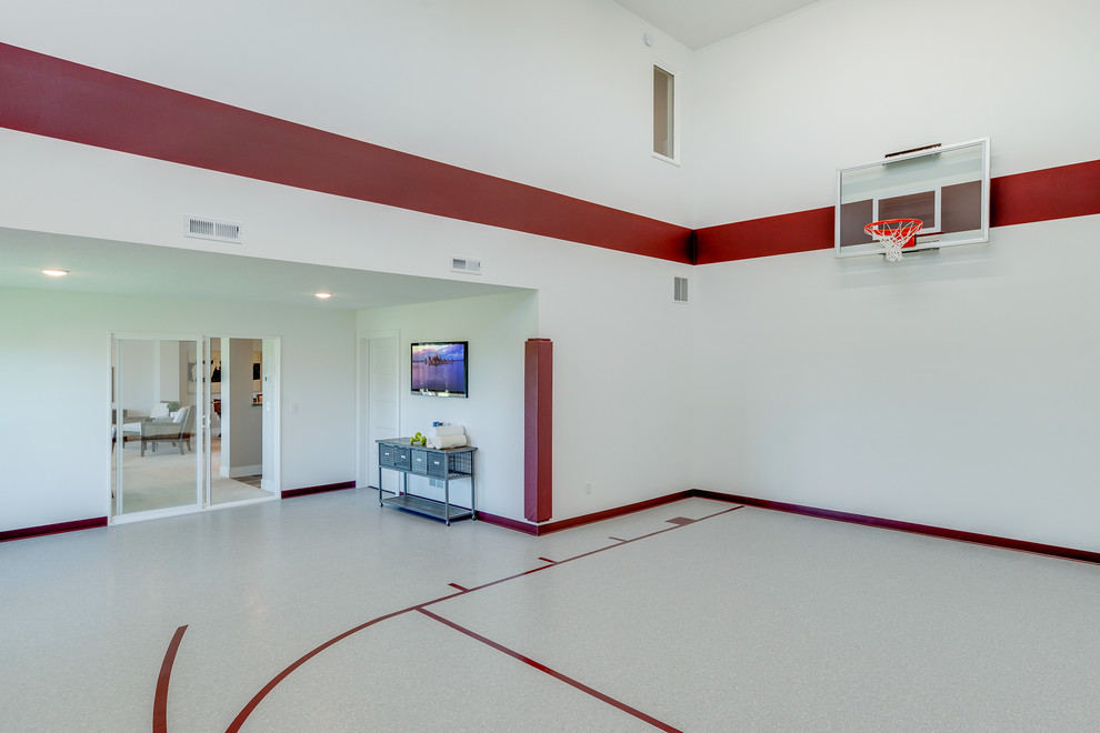 Landhaus Fitnessraum mit Indoor-Sportplatz, bunten Wänden, buntem Boden und Kalkstein in Minneapolis