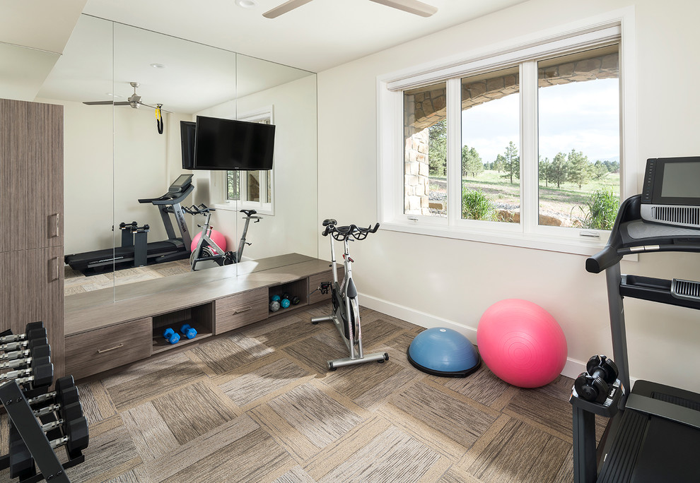Multifunktionaler Klassischer Fitnessraum mit beiger Wandfarbe, Teppichboden und braunem Boden in Denver