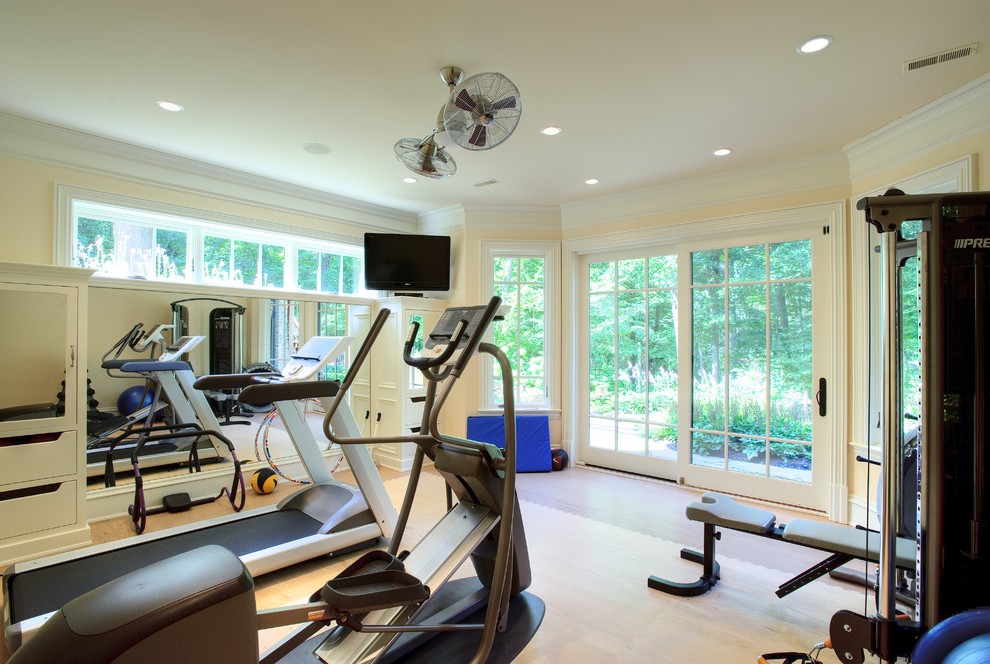 Transitional beige floor multiuse home gym photo in Chicago with beige walls