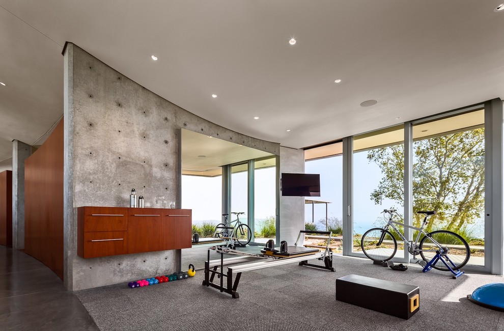 Photo of a modern multi-use home gym in Santa Barbara with carpet and a feature wall.