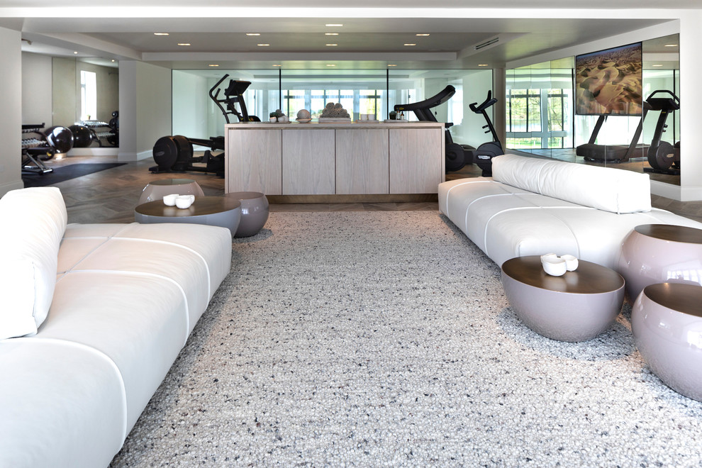 Cette image montre une grande salle de sport design multi-usage avec un mur blanc, un sol en carrelage de porcelaine et un sol gris.