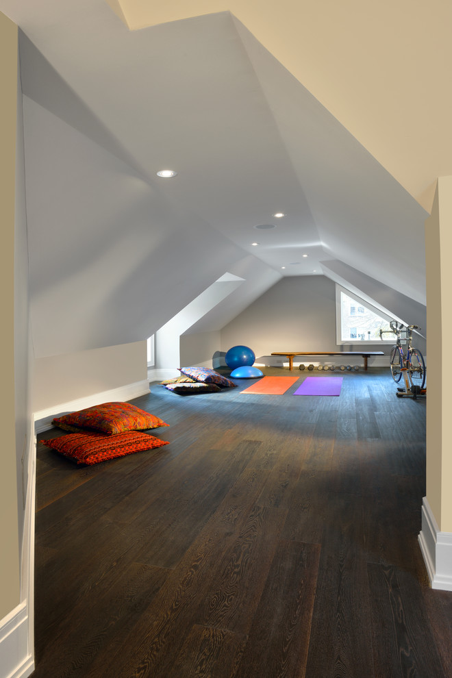 Home yoga studio - mid-sized traditional dark wood floor home yoga studio idea in Toronto with white walls