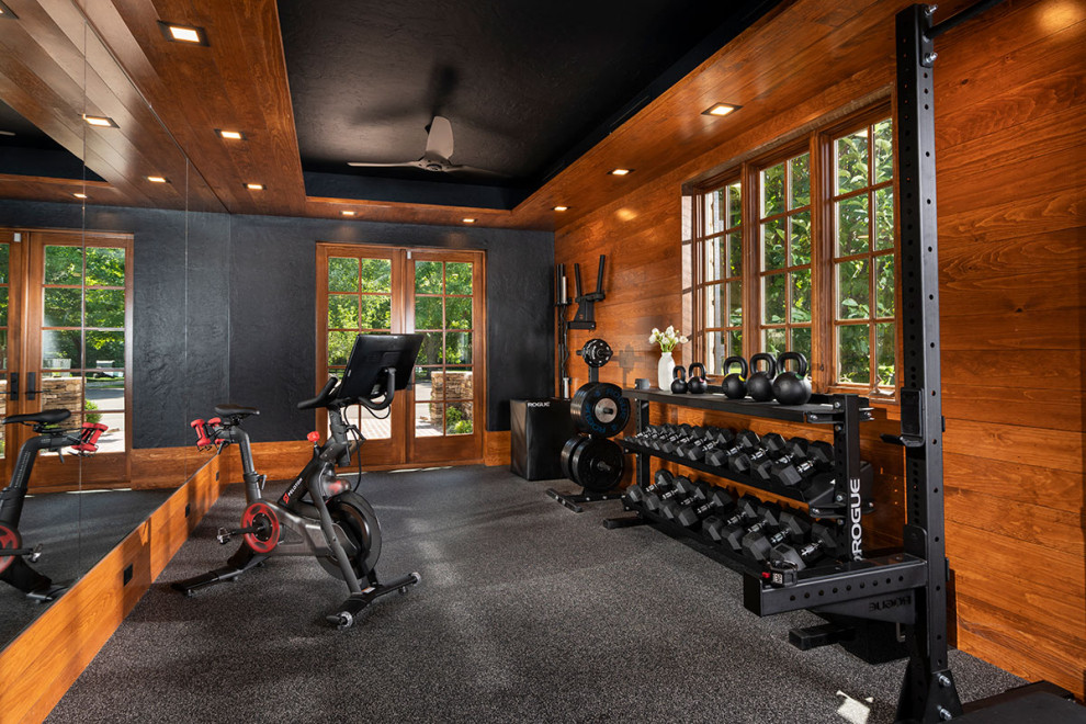 Design ideas for a medium sized multi-use home gym in Other with cork flooring, grey floors and a drop ceiling.