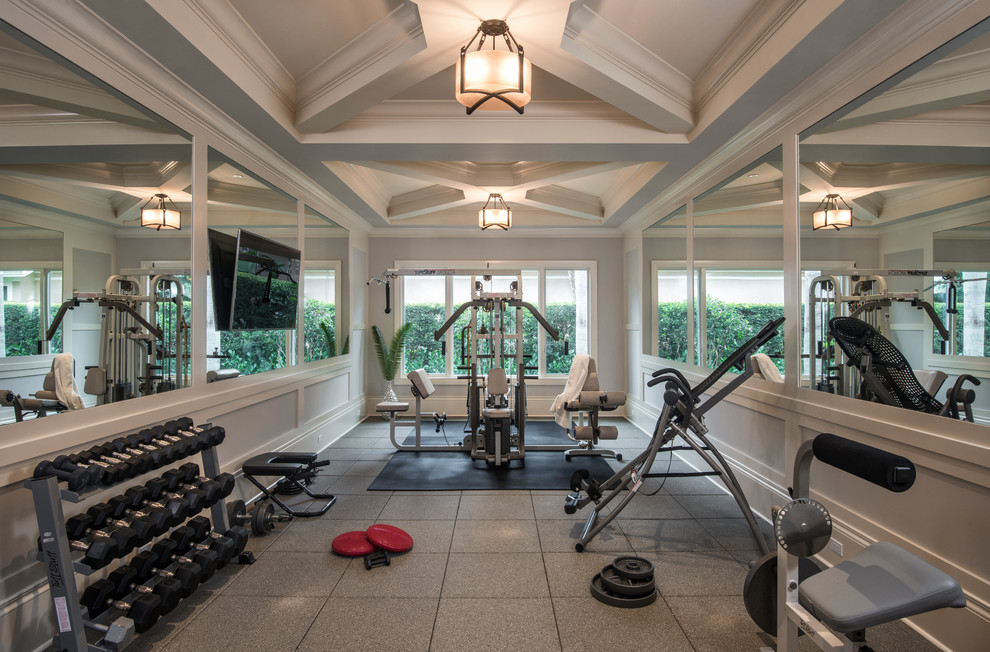 Inspiration for a mediterranean home gym in Miami.
