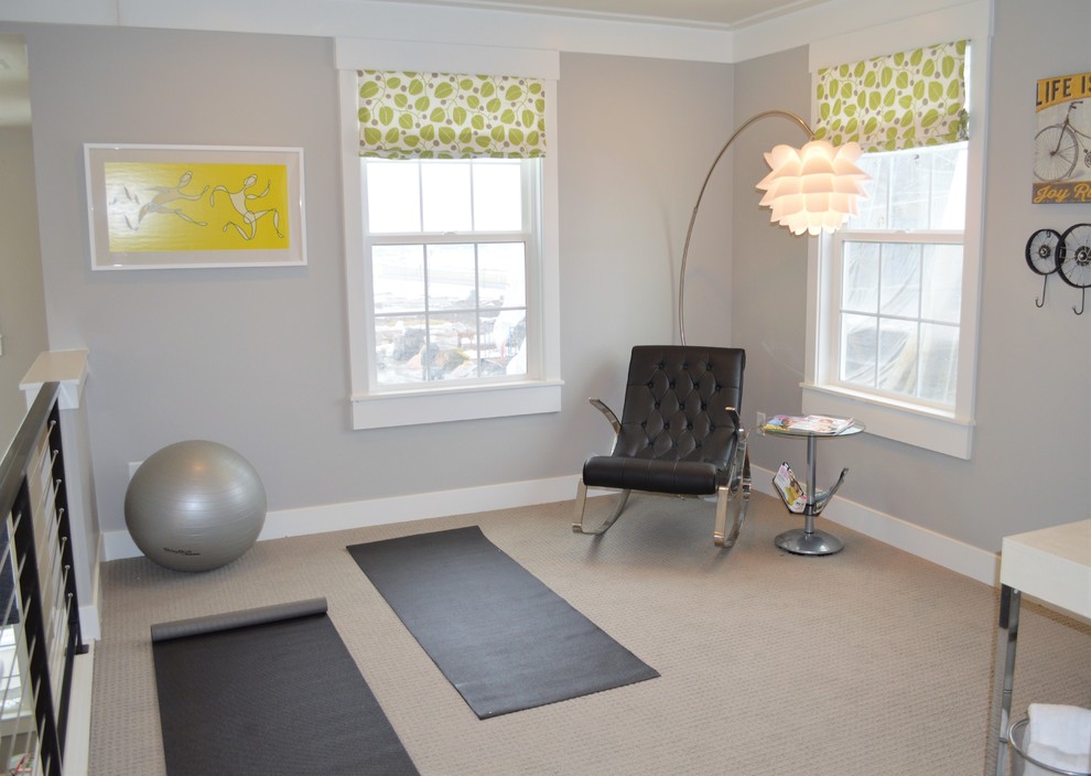 Inspiration for a medium sized retro multi-use home gym in Salt Lake City with grey walls and carpet.
