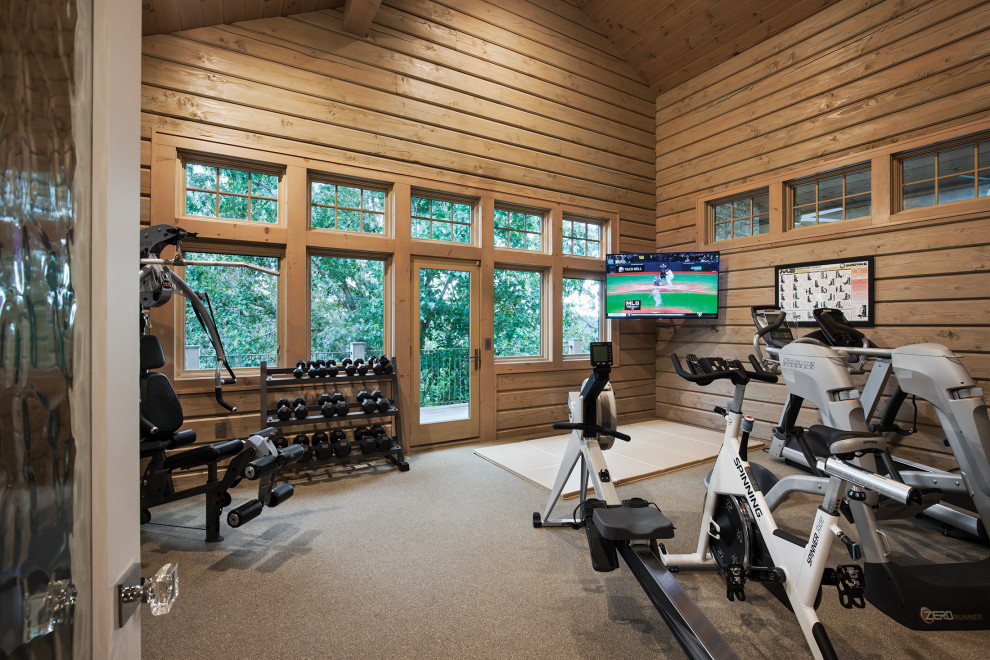 Missouri Hybrid Log & Timber Home Stone County Residence Rustic Home Gym Other by M.T