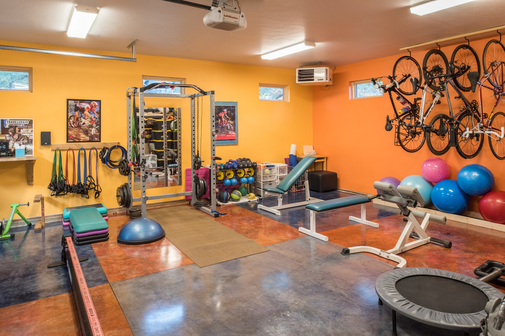Inspiration for a contemporary multi-use home gym in Other with multi-coloured walls, concrete flooring and multi-coloured floors.