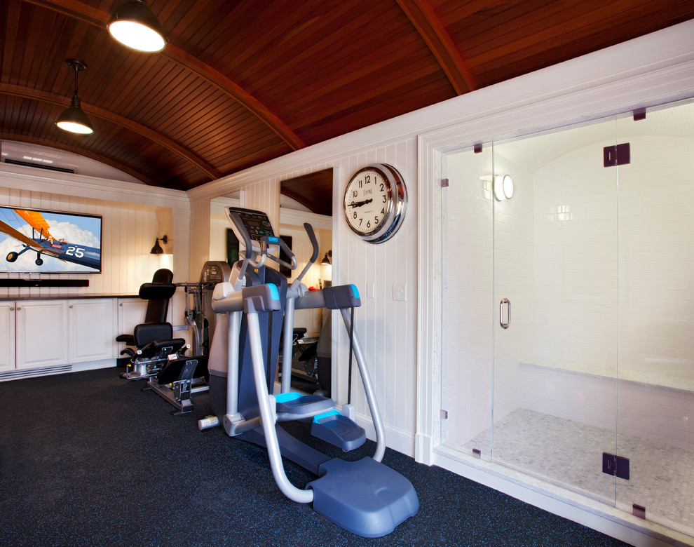 This is an example of a beach style home gym in Boston.