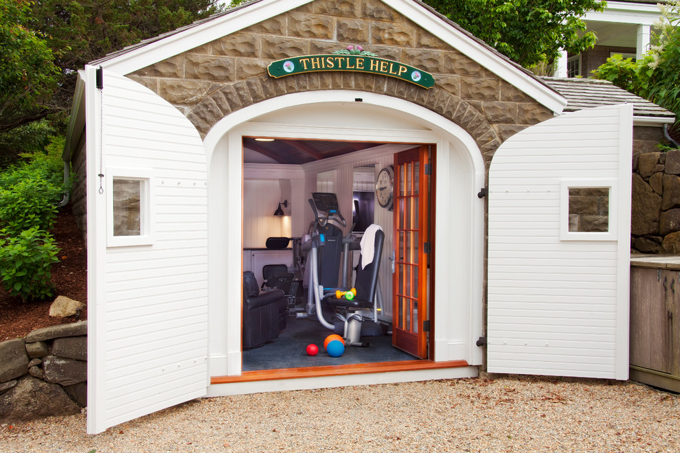 Example of a beach style home gym design in Boston