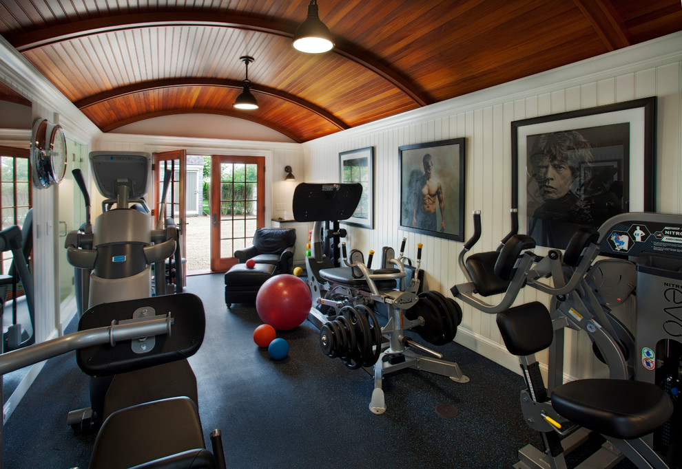 Photo of a beach style home gym in Boston.