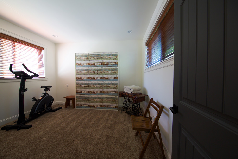 Example of a mid-sized mountain style carpeted multiuse home gym design in Vancouver with white walls