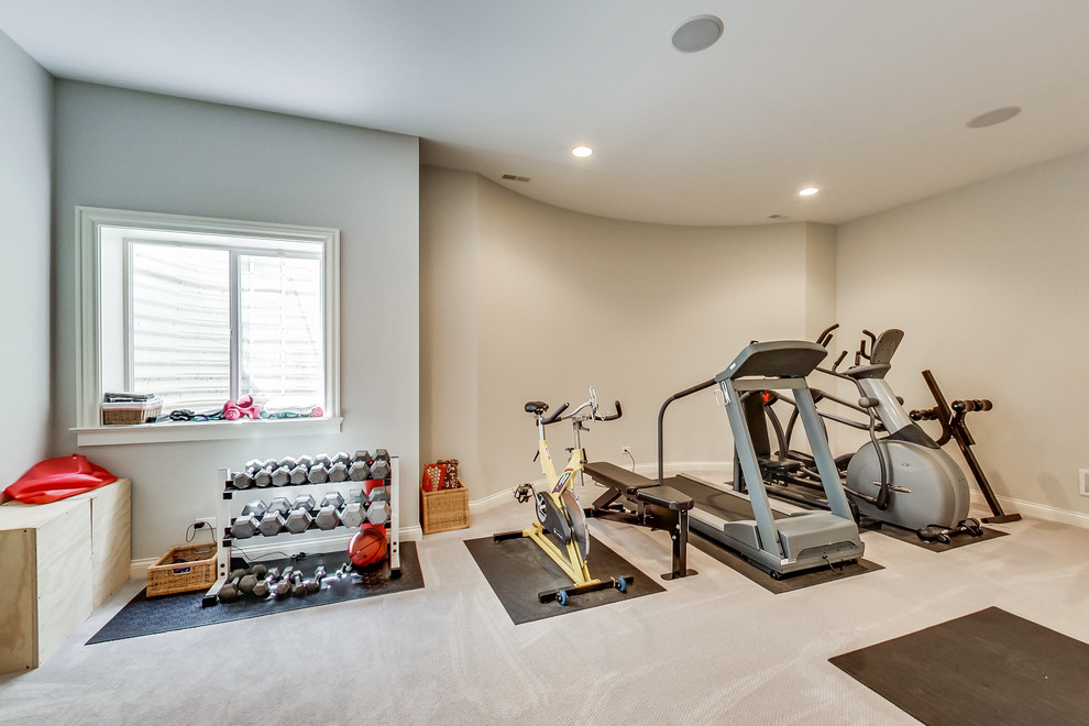 Example of a large classic carpeted and beige floor multiuse home gym design in Chicago with beige walls
