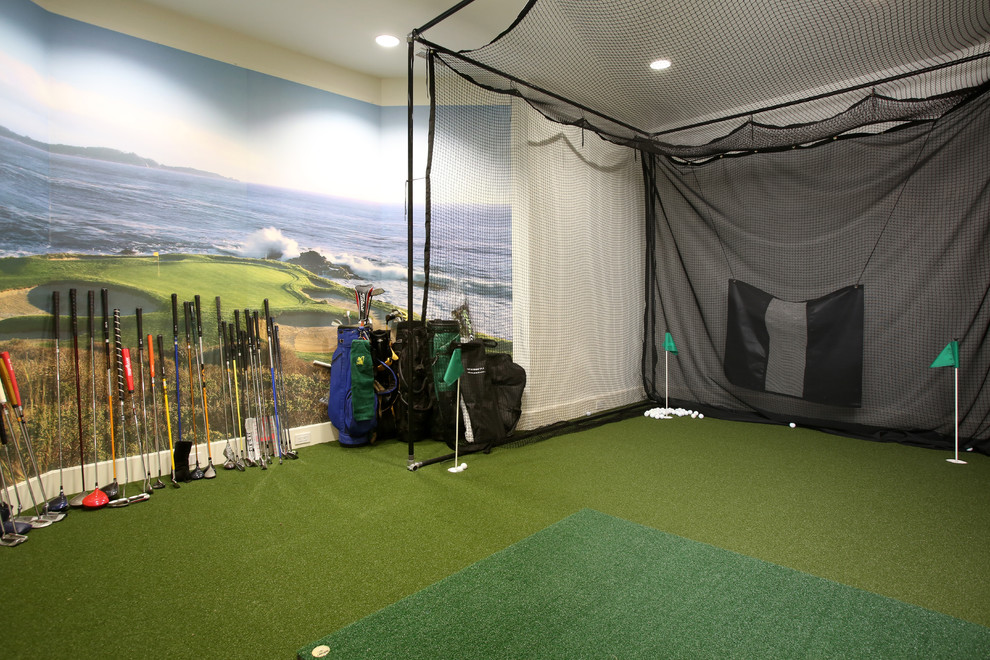 Cette image montre un terrain de sport intérieur design avec un mur multicolore et un sol vert.