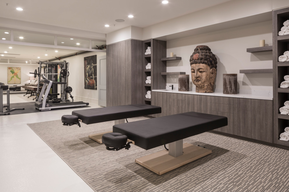 Design ideas for a large contemporary multi-use home gym in Los Angeles with grey floors, white walls, concrete flooring and a vaulted ceiling.