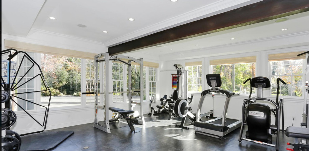 Inspiration for a huge contemporary gray floor multiuse home gym remodel in New York with white walls