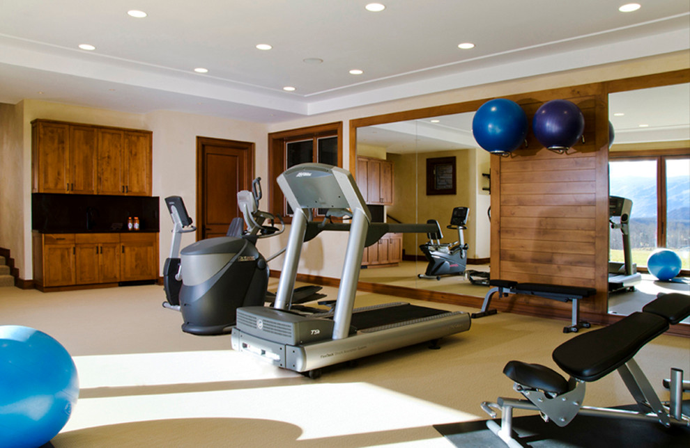 Inspiration for a large contemporary multi-use home gym in Denver with vinyl flooring.