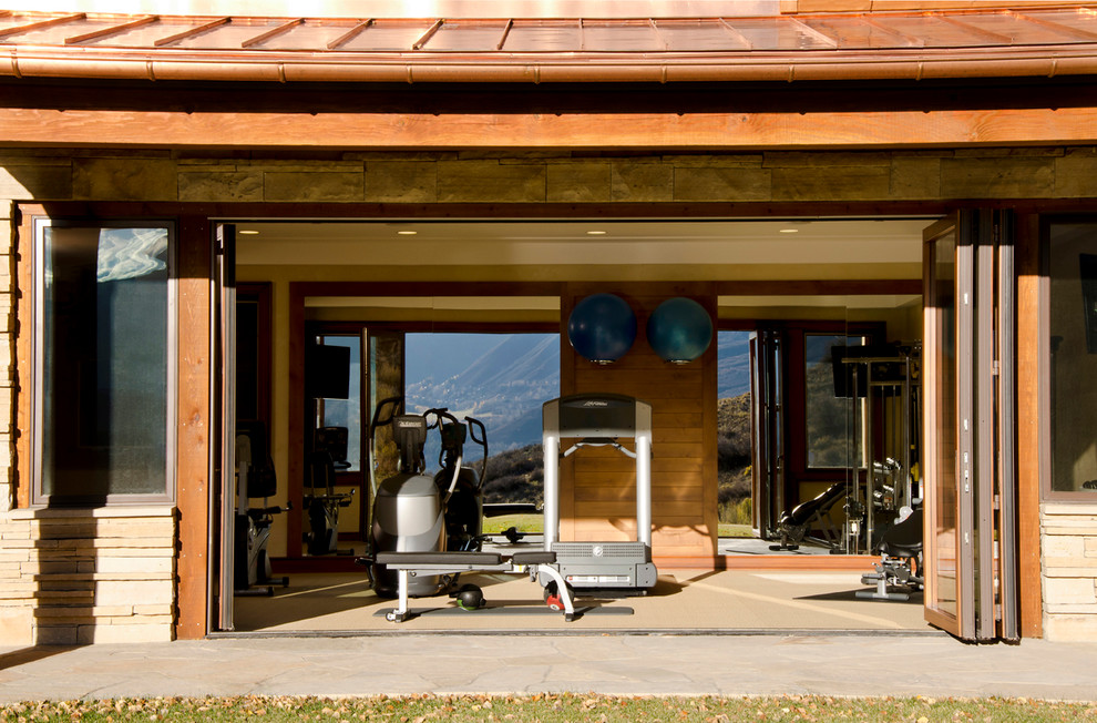 Large contemporary multi-use home gym in Denver with brown walls and vinyl flooring.