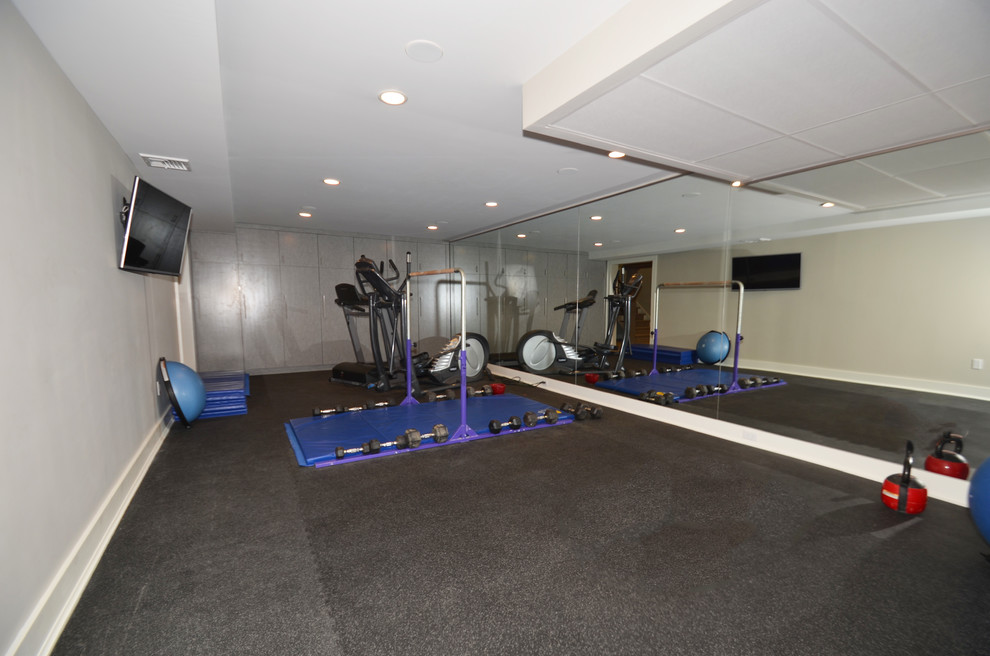Inspiration for a mid-sized cork floor home weight room remodel in New York with gray walls