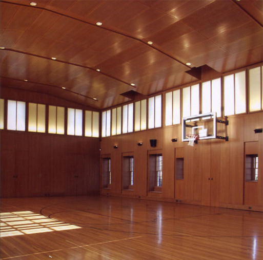 Großer Klassischer Fitnessraum mit Indoor-Sportplatz und hellem Holzboden