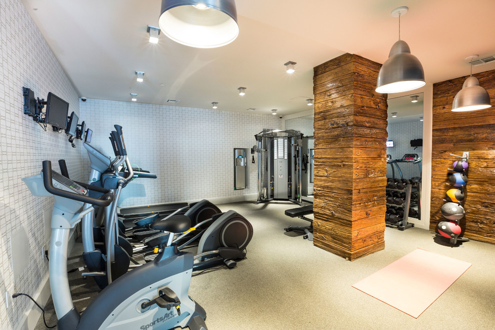 Example of a trendy beige floor multiuse home gym design in New York
