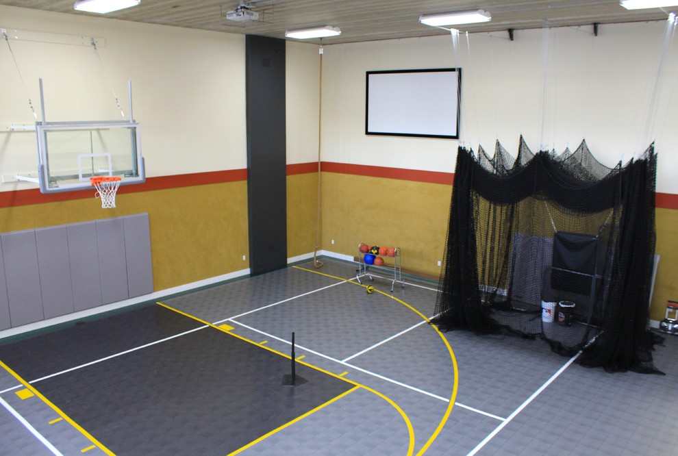 Design ideas for a large contemporary indoor sports court in Cedar Rapids with beige walls.