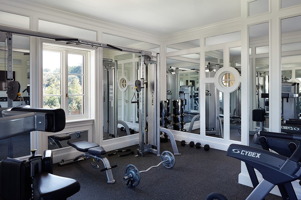 Home weight room - mediterranean vinyl floor and black floor home weight room idea in Other with white walls