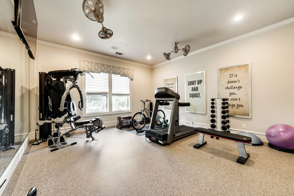 Medium sized home weight room in Dallas with beige walls, vinyl flooring and beige floors.