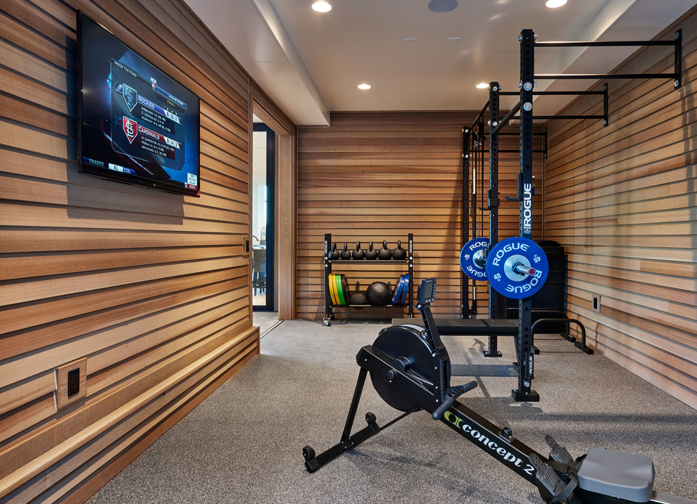 Photo of a contemporary home gym in Portland.