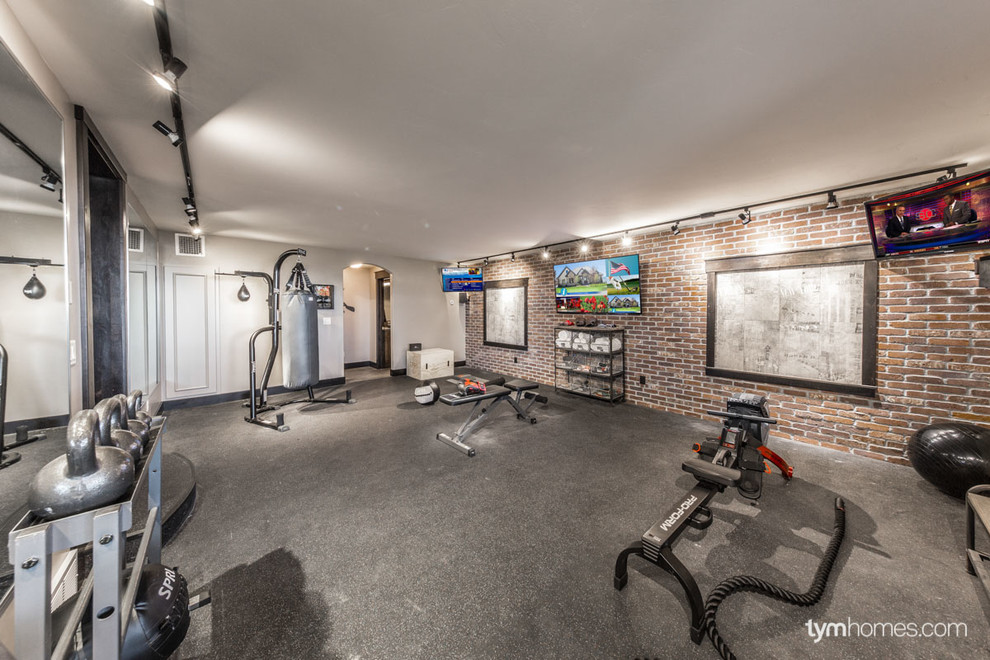 Multiuse home gym - large traditional multiuse home gym idea in Salt Lake City with brown walls