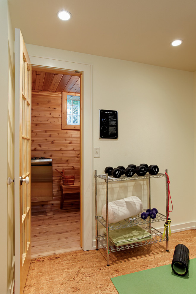 Home gym - small contemporary bamboo floor home gym idea in Milwaukee with beige walls