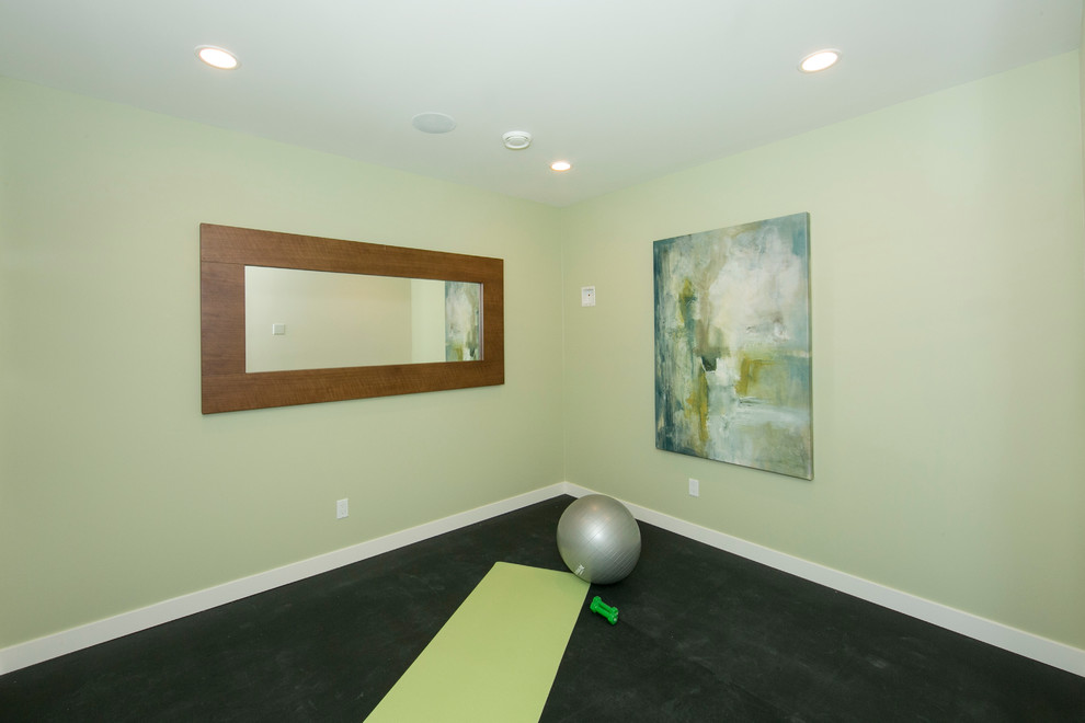 Inspiration for a medium sized contemporary home yoga studio in Edmonton with green walls.