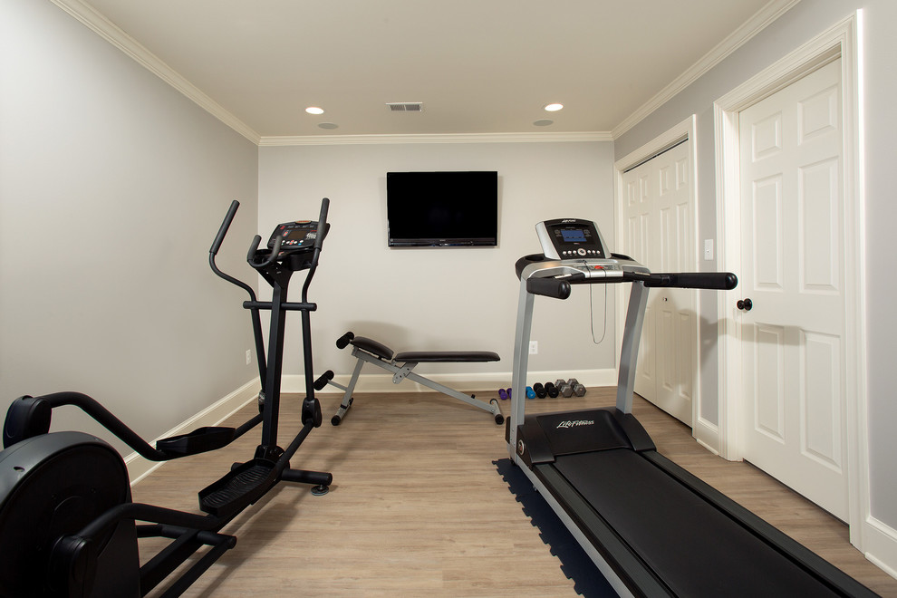 Small elegant home weight room photo in DC Metro with gray walls