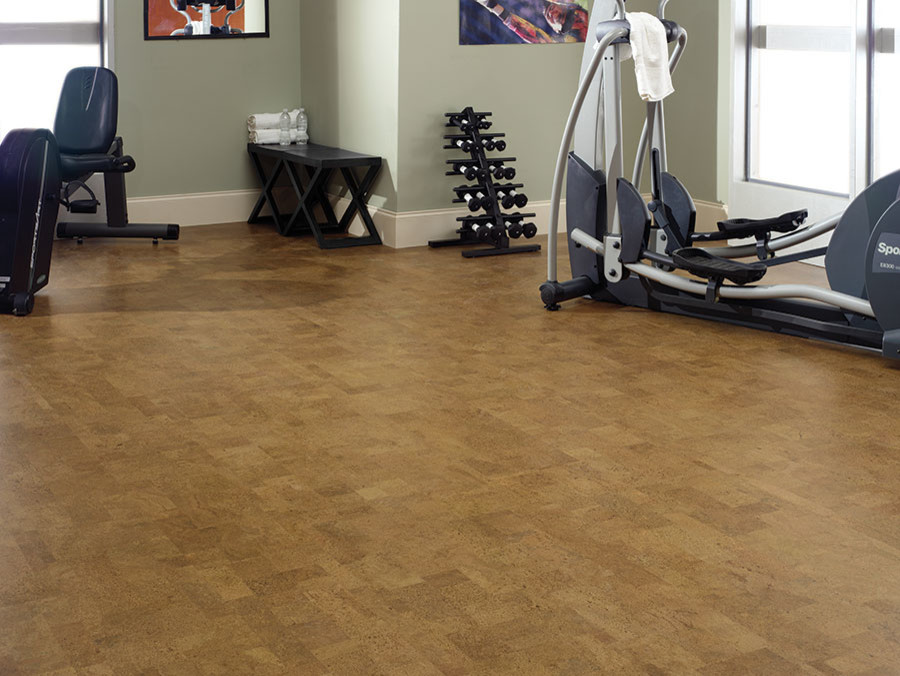 Multiuse home gym - mid-sized contemporary cork floor multiuse home gym idea in Chicago with gray walls