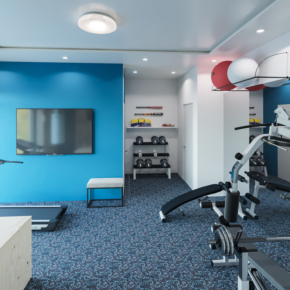 Idée de décoration pour un terrain de sport intérieur design de taille moyenne avec un mur bleu, un sol en vinyl et un sol bleu.