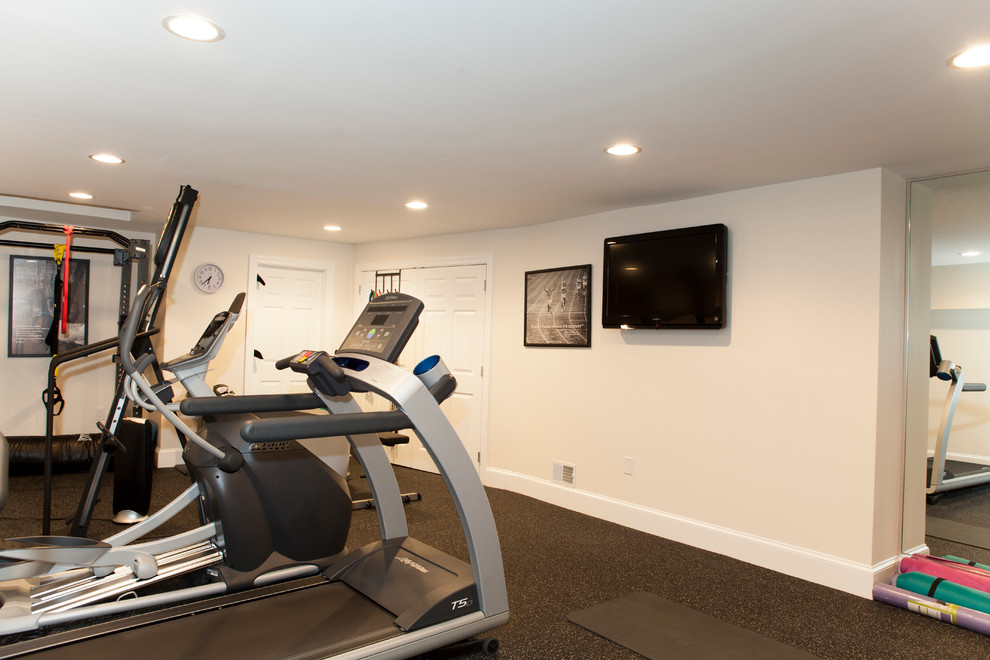 Design ideas for a large traditional multi-use home gym in Philadelphia with white walls and cork flooring.