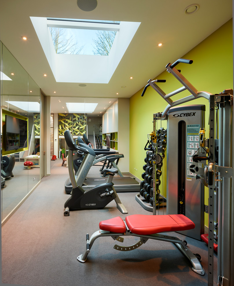 Cette image montre une salle de sport design multi-usage avec un mur vert et un sol gris.