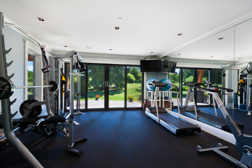 Multiuse home gym - large transitional multiuse home gym idea in Vancouver with gray walls