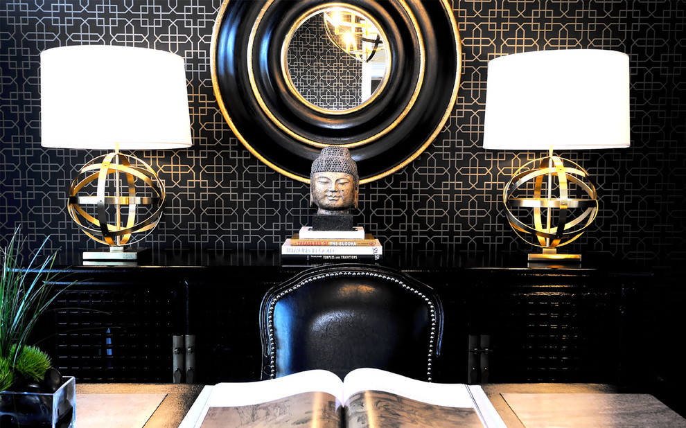 Inspiration for a timeless home office remodel in Other with black walls