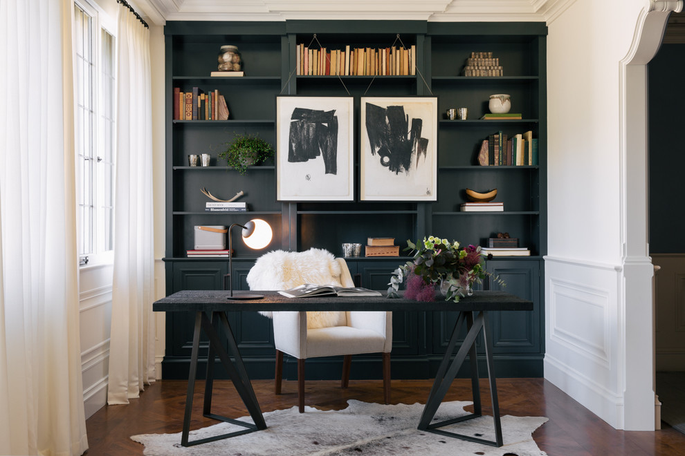 Design ideas for a classic study in San Francisco with medium hardwood flooring and a freestanding desk.