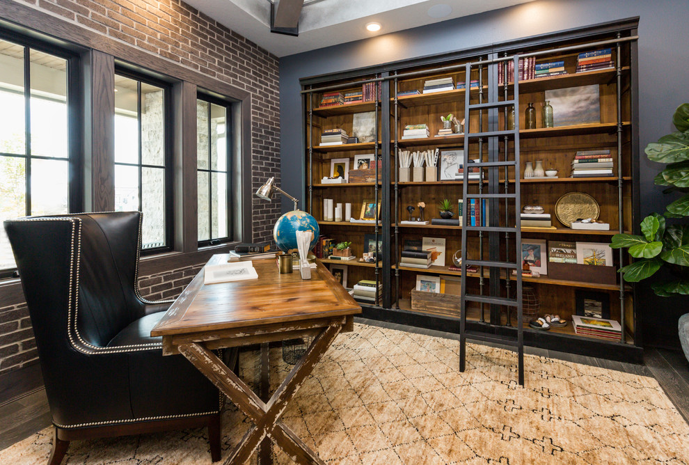 Mid-sized urban freestanding desk dark wood floor and brown floor study room photo in Other with gray walls and no fireplace