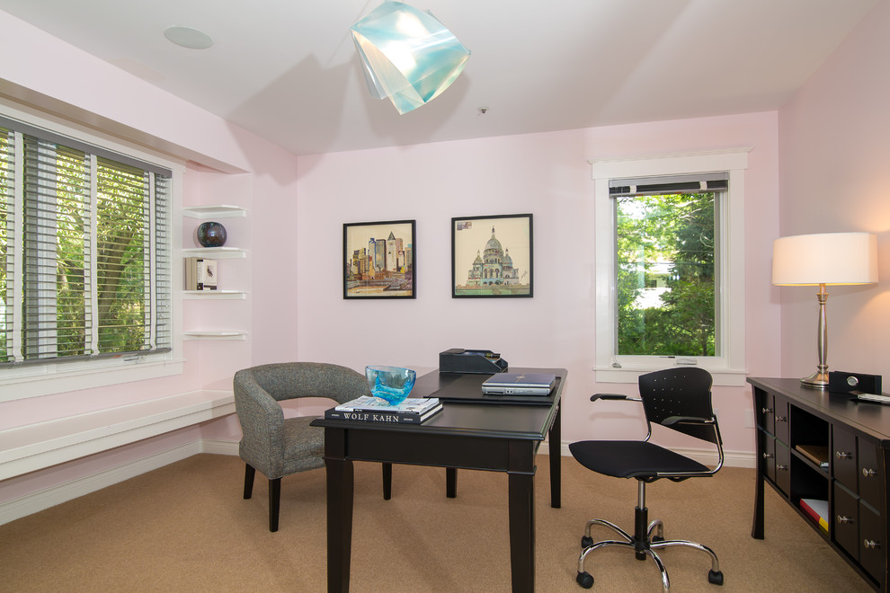 Mid-sized trendy freestanding desk carpeted and beige floor study room photo in Denver with white walls