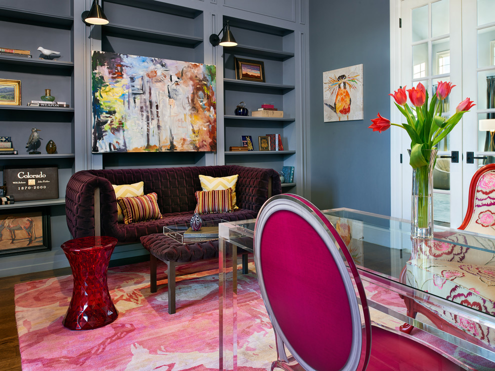 Example of a trendy freestanding desk dark wood floor home office design in Denver with gray walls