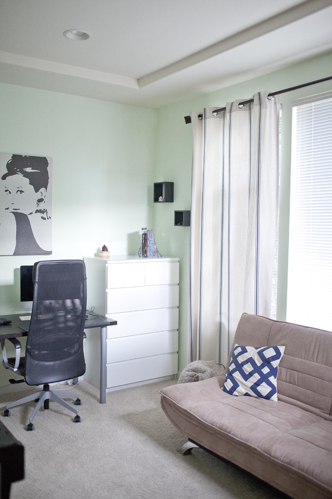 Inspiration for a small classic home office in Seattle with carpet, a freestanding desk and green walls.