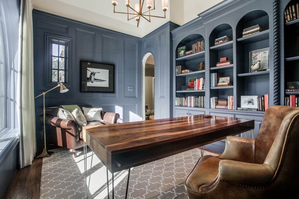 Photo of a medium sized traditional study in Dallas with grey walls, dark hardwood flooring, no fireplace, a freestanding desk and brown floors.