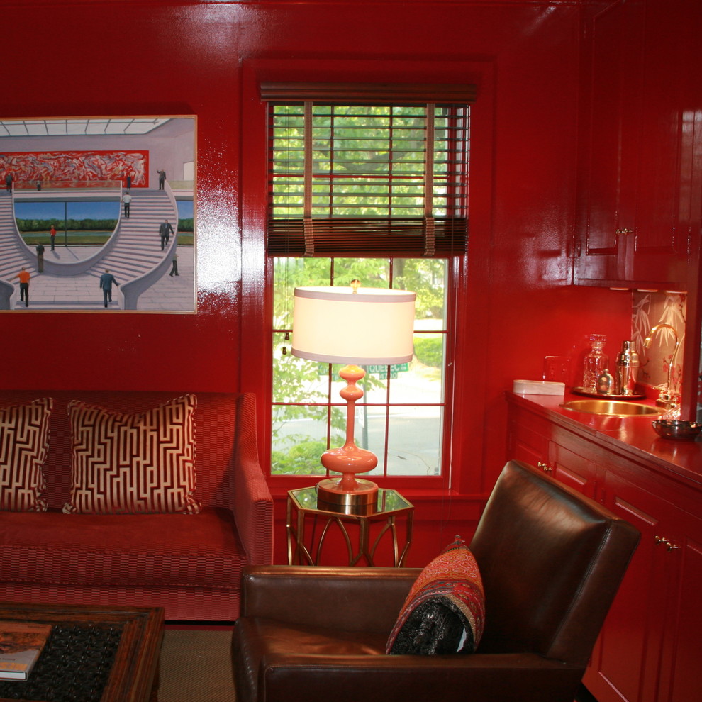 Example of a transitional home office design in DC Metro with red walls