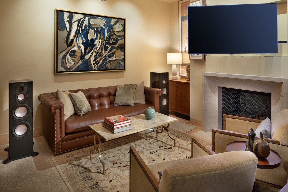 Contemporary study in DC Metro with a standard fireplace and a stone fireplace surround.