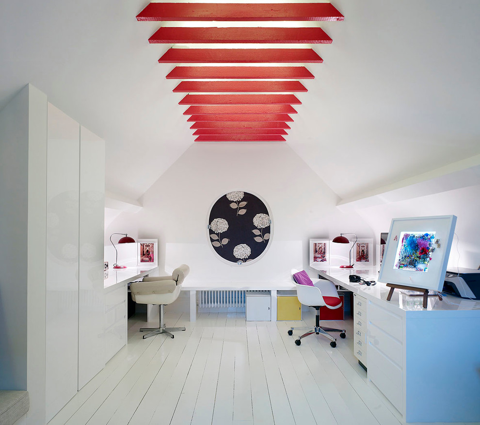 Study room - contemporary built-in desk painted wood floor and white floor study room idea in London with white walls and no fireplace