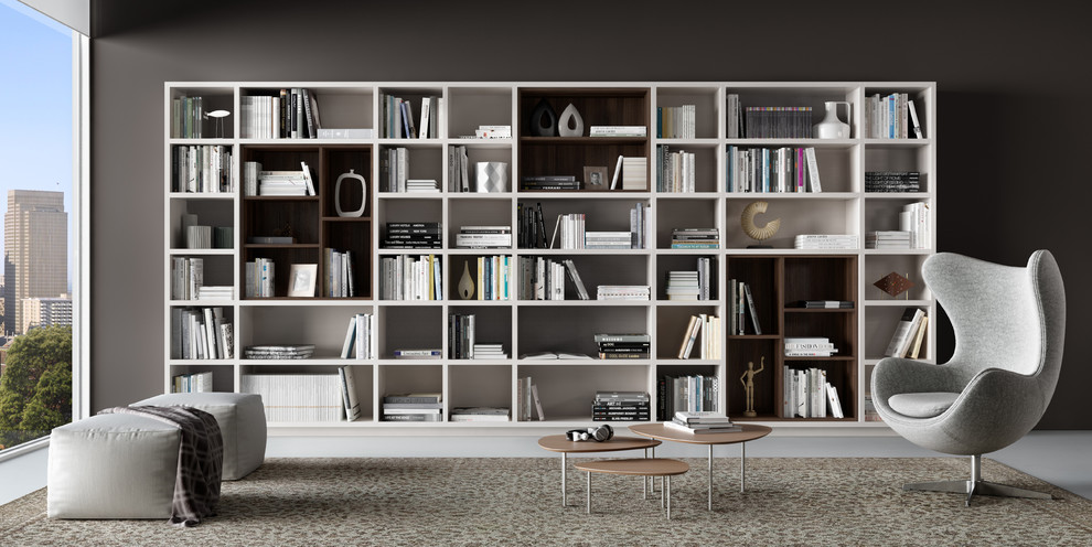 Réalisation d'un grand bureau minimaliste avec un mur gris, un sol en vinyl et aucune cheminée.